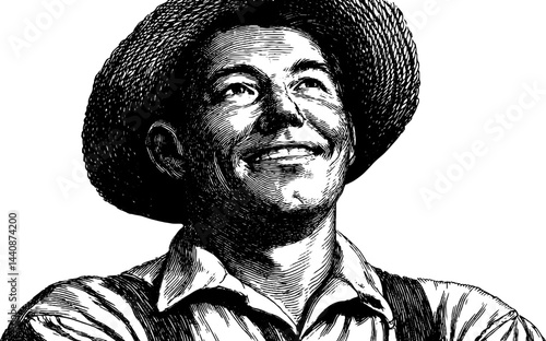 Engraved illustration of happy farm worker in black and white