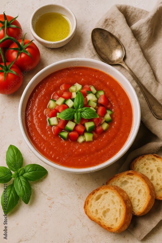 Delicious Homemade Gazpacho Served With Fresh Vegetables and Crusty Bread on a Light Marble Table