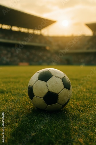 Soccer Ball on Grass Field During Sunset Before a Match in Stadium