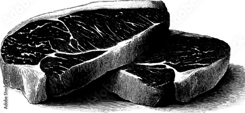 Engraved illustration of sliced meat with black bold lines for culinary design