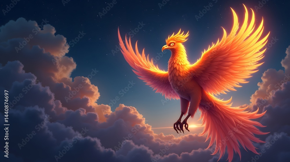 Fototapeta premium Majestic flaming phoenix soaring through colorful clouds at twilight.