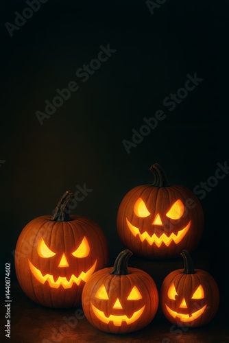 Carved Pumpkins With Glowing Faces Create a Festive Halloween Atmosphere in a...