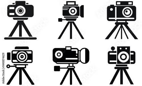black and white icons of various cameras mounted on tripods