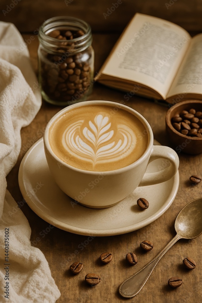 Beautiful Latte Art With Coffee Beans and a Book in a Cozy Setting