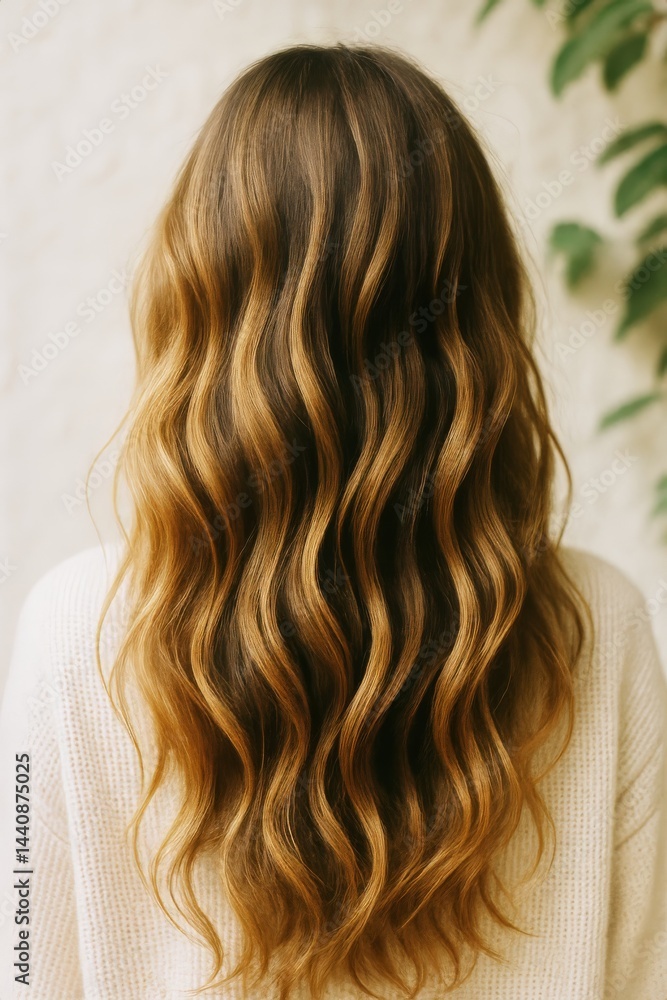 Long Wavy Hair Cascading Down the Back With Warm Highlights in Natural Light