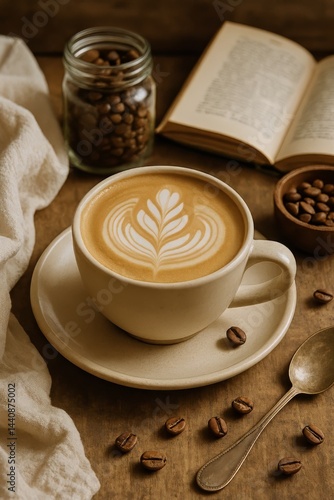 Obraz na płótnie Beautiful Latte Art With Coffee Beans and a Book in a Cozy Setting w salonie
