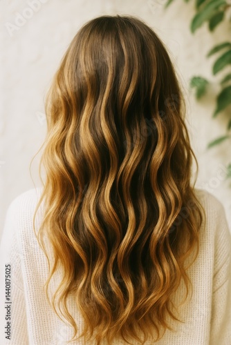 Obraz na płótnie Long Wavy Hair Cascading Down the Back With Warm Highlights in Natural Light w salonie
