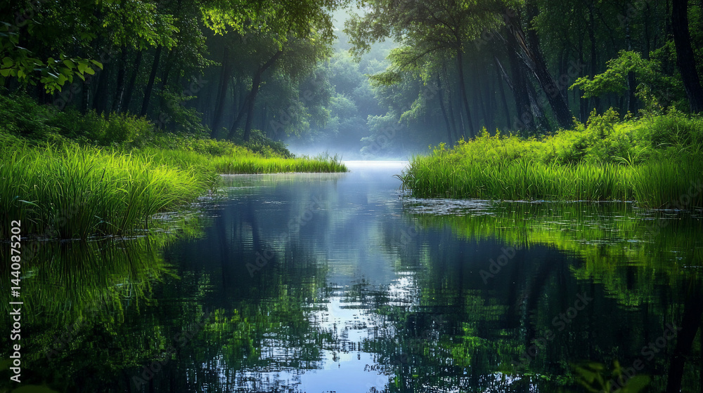 Misty River Through Lush Forest Misty River Through Lush Forest