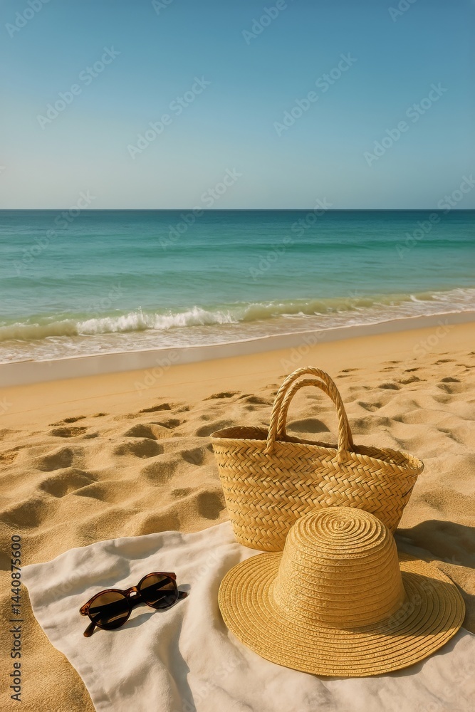 Relaxing on a Sunlit Beach With Straw Hat, Bag, and Sunglasses on Soft Sand Near Gentle Waves