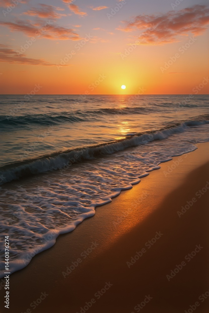 Sunset at the Beach With Gentle Waves Lapping at the Shore in Warm Hues