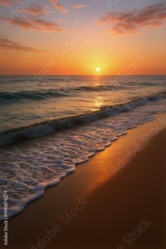 Obraz na płótnie Sunset at the Beach With Gentle Waves Lapping at the Shore in Warm Hues w salonie