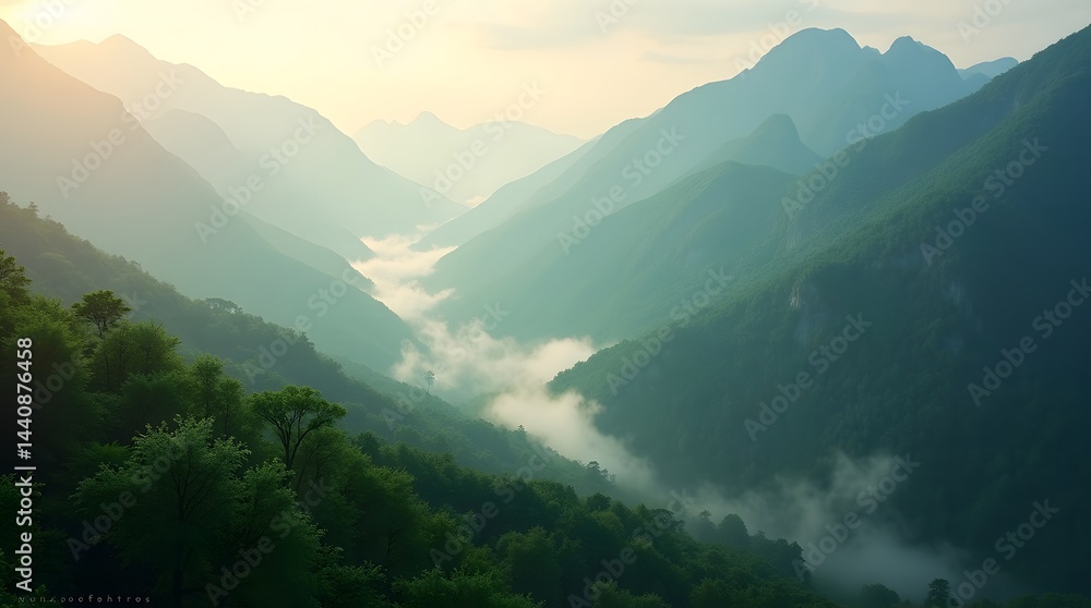 Fototapeta premium A serene landscape featuring misty mountains and lush valleys during sunrise, creating a tranquil and peaceful scene.