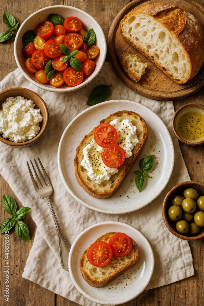 Fresh Ingredients Create a Colorful and Inviting Breakfast Spread With Tomatoes and Bread