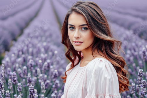 Obraz na płótnie Beautiful Woman in a Lavender Field w salonie