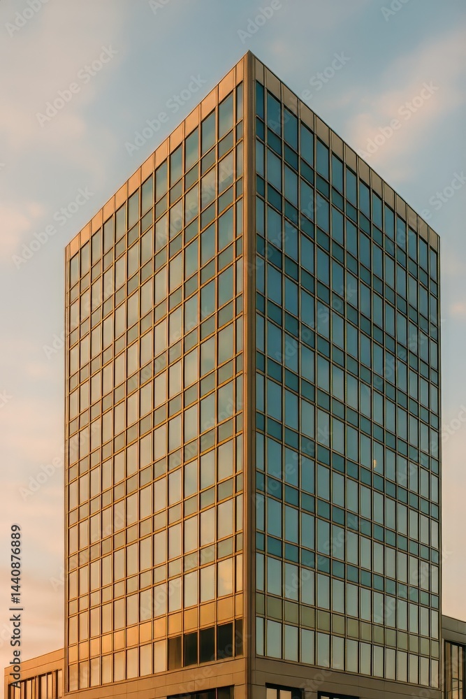 Modern Office Building at Sunset With Reflective Glass Windows in an Urban Setting