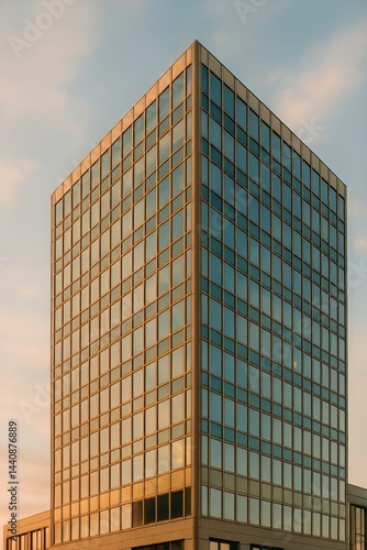 Obraz na płótnie Modern Office Building at Sunset With Reflective Glass Windows in an Urban Setting w salonie