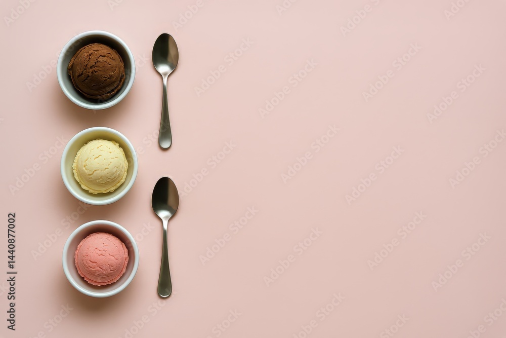 Colorful Ice Cream Bowls Arranged Neatly on a Pastel Pink Background With Metal Spoons Ready for Tasting