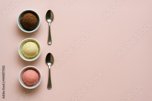 Obraz na płótnie Colorful Ice Cream Bowls Arranged Neatly on a Pastel Pink Background With Metal Spoons Ready for Tasting w salonie