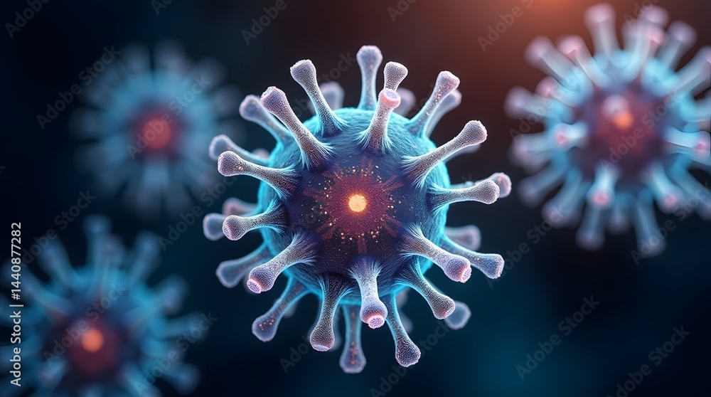 Obraz premium Colorful depiction of virus particles with intricate structures, illustrating their biological complexity and microscopic beauty.