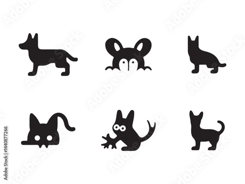 Simple Black Silhouette Icons of Dogs and Cats