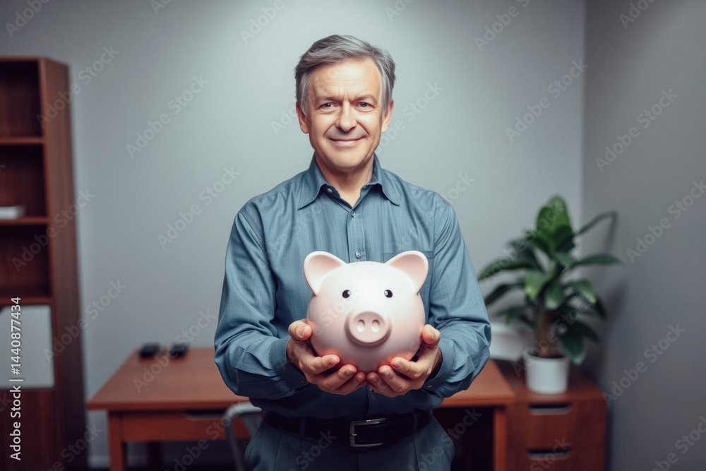 Smiling Man Holding Piggy Bank for Savings