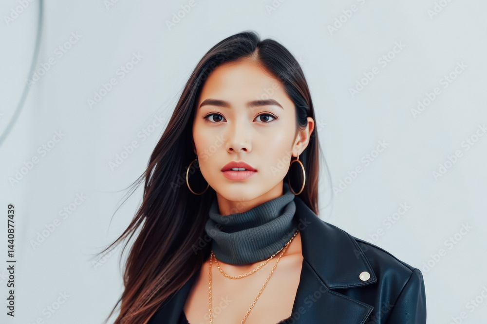 Stylish Asian Woman in Leather Jacket