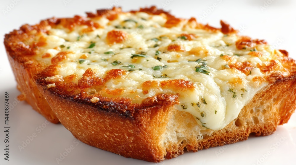 a warm and crispy slice of garlic bread with melted cheese on top on a white isolated background, savory and cheesy design a warm and crispy slice of garlic bread with melted cheese on top on a white isolated background, savory and cheesy design