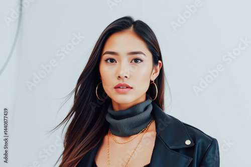 Obraz na płótnie Stylish Asian Woman in Leather Jacket w salonie