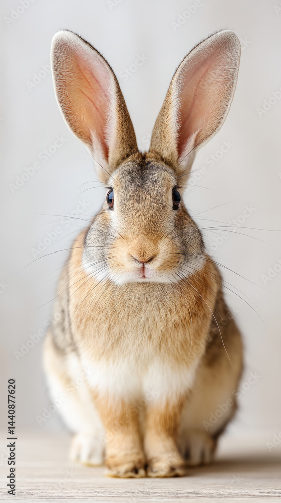 Curious rabbit with alert ears facing camera against neutral background Curious rabbit with alert ears facing camera against neutral background
