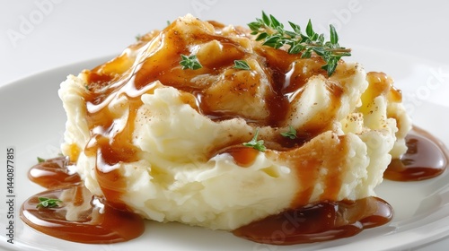 a delicious serving of creamy mashed potatoes with gravy on a white isolated background, smooth and savory design