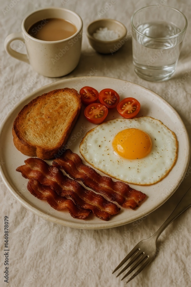 Delicious Breakfast With Fried Egg, Crispy Bacon, Toast, and Coffee Served on a Light Table Setting