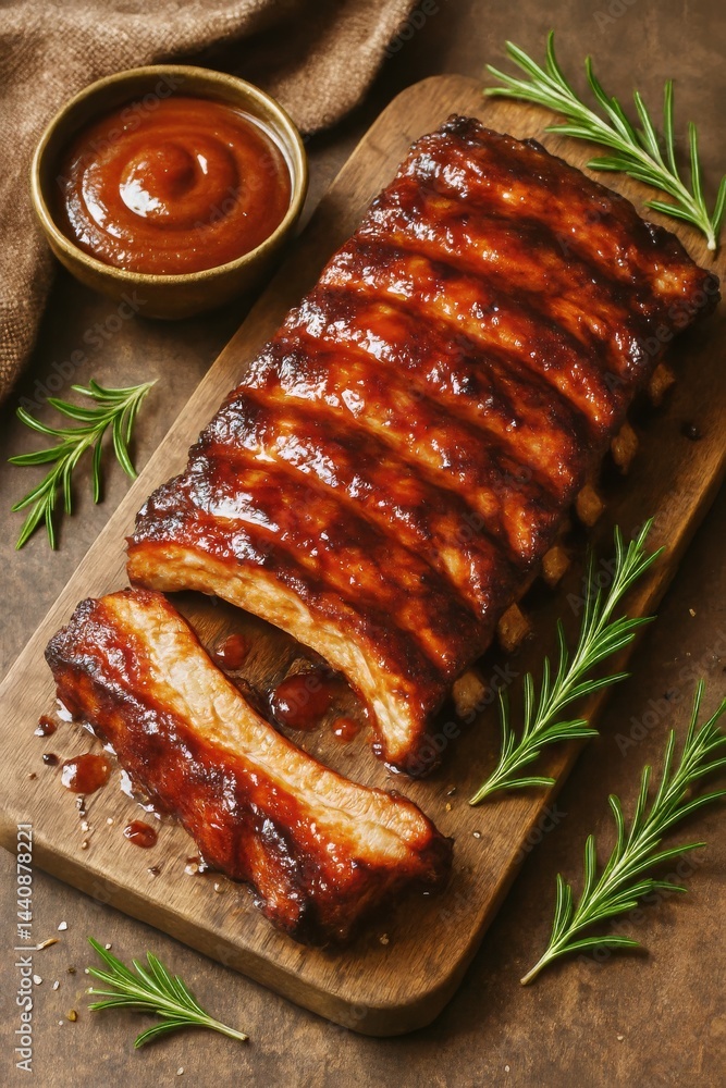 Tender Barbecue Ribs Sliced and Served on a Wooden Board With Sauce and Herbs at a Cozy Dinner Setting