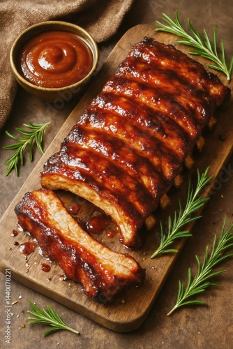 Tender Barbecue Ribs Sliced and Served on a Wooden Board With Sauce and Herbs at a Cozy Dinner Setting