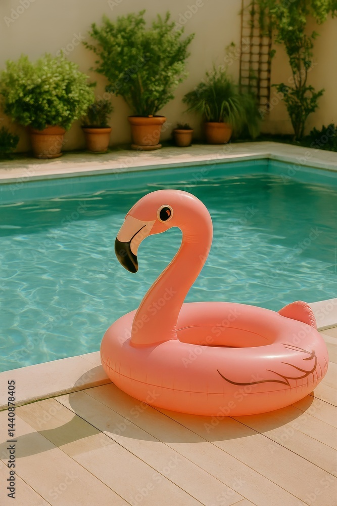 Bright Pink Flamingo Float Next to a Refreshing Swimming Pool on a Sunny Day in a Backyard