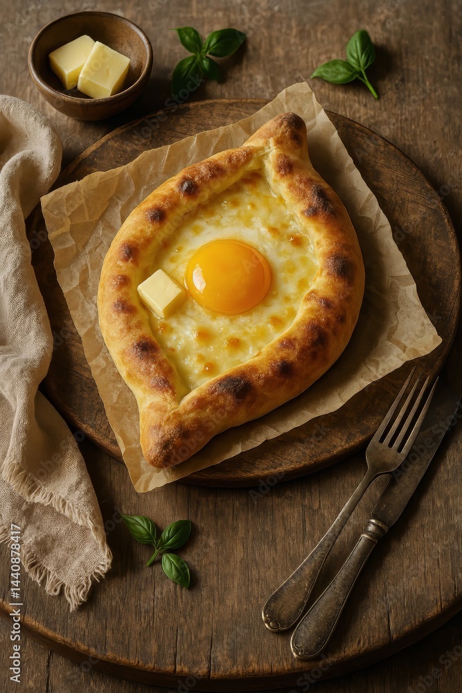 Savory Cheese Bread Topped With Egg and Butter on Wooden Table for Breakfast