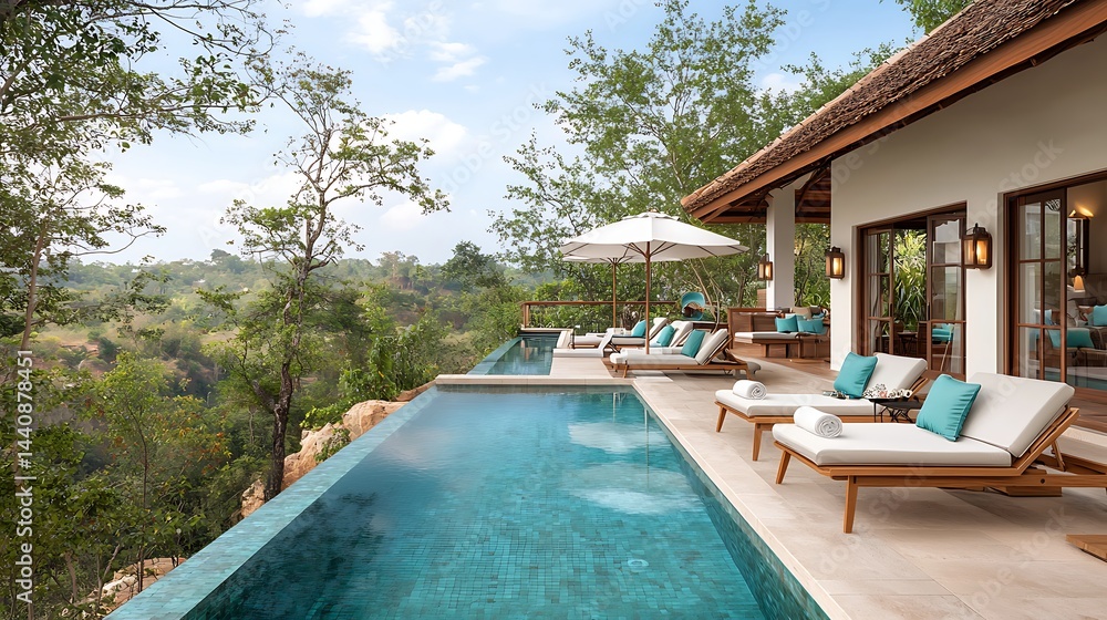 Fototapeta premium Luxurious clifftop infinity pool villa with panoramic views