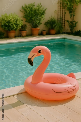 Obraz na płótnie Bright Pink Flamingo Float Next to a Refreshing Swimming Pool on a Sunny Day in a Backyard w salonie
