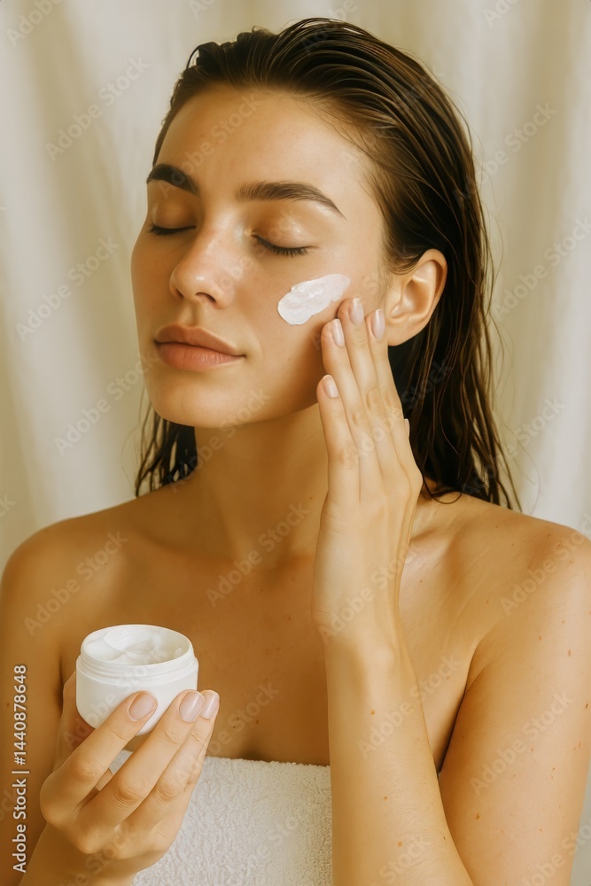 Young Woman Applying Skincare Cream in a Bright and Serene Bathroom Setting