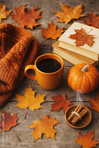 Obraz na płótnie Warm Autumn Morning With Coffee, Pastries, and Seasonal Decorations in a Cozy Setting w salonie