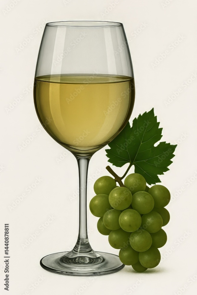 White Wine in a Glass Beside Fresh Green Grapes on a Light Background