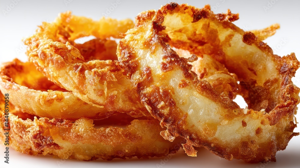 a close-up of a golden, crispy onion ring with a light batter on a white isolated background, crunchy and savory design a close-up of a golden, crispy onion ring with a light batter on a white isolated background, crunchy and savory design