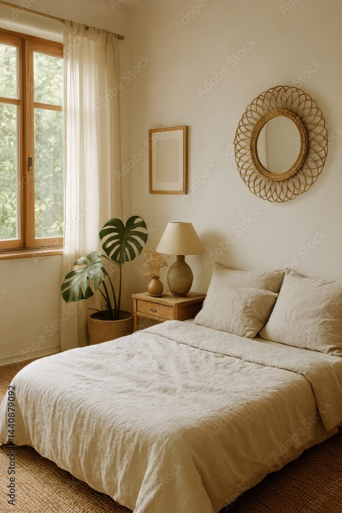 Cozy Bedroom With Natural Light, Earthy Tones, and Indoor Plants Decorating the Serene Space