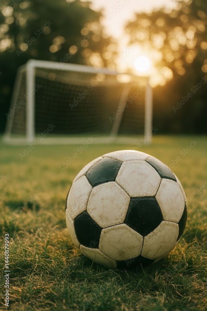 Soccer Ball Resting on Grass as Sunset Glows Behind Goalposts in an Outdoor Field