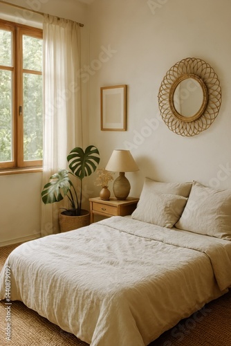 Cozy Bedroom With Natural Light, Earthy Tones, and Indoor Plants Decorating the Serene Space