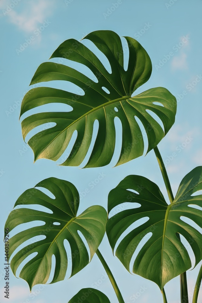 Monstera Plant Leaves Reaching for the Sky on a Sunny Day