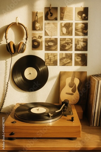 Vinyl Records and Acoustic Guitar Create a Nostalgic Atmosphere in a Cozy Music Corner