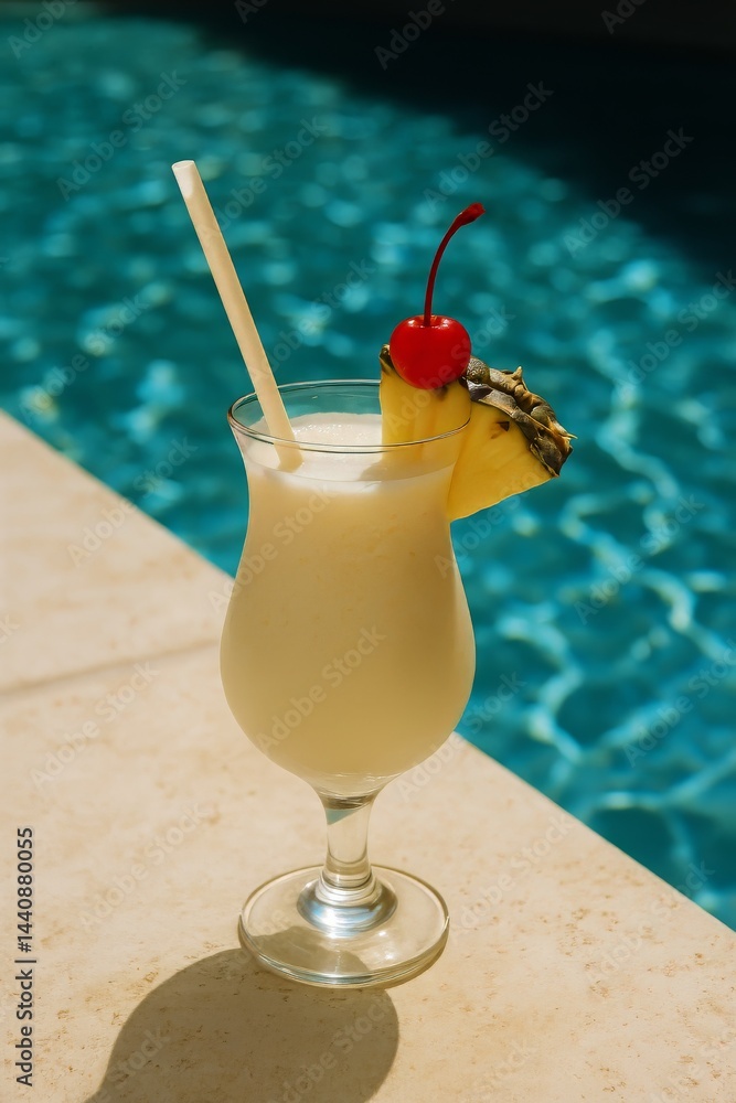 Refreshing Tropical Cocktail Served Poolside on a Sunny Day With Vibrant Blue Water