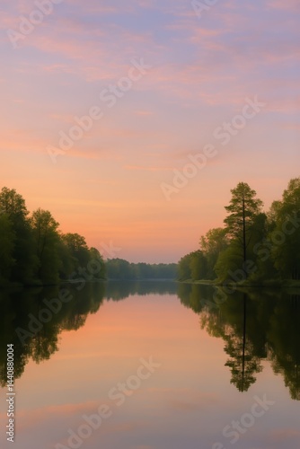 Beautiful Sunset Over a Tranquil Lake Reflecting Trees and Sky Colors in Early Evening Light