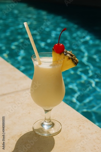 Obraz na płótnie Refreshing Tropical Cocktail Served Poolside on a Sunny Day With Vibrant Blue Water w salonie