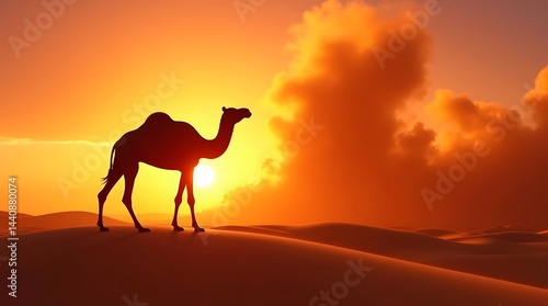 A silhouette of a camel against a vibrant orange sunset in a vast desert landscape.